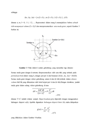 sehingga
(kx , ky , kz) = [ n (2π/L) , m (2π/L) , l (2π/L) ] ...(15)
dimana n, m, l = 0, ±1, ±2, …. Representasi dalam ruang k menunjukkan bahwa sebuah
titik mempunyai volume (2π/L)3 dan merepresentasikan satu moda getar, seperti Gambar 3
berikut ini.
Gambar 3 Nilai diskrit k untuk gelombang yang merambat tiga dimensi
Semua moda getar dengan k tertentu direpresentasikan oleh satu titik yang terletak pada
permukaan bola dalam ruang k, dengan jari-jari k dan berpusat di (kx , ky , kz) = (0,0,0).
Semua moda getar dengan vektor gelombang antara k dan (k+dk) terletak dalam elemen
volume 4πk2dk yang dibataskan oleh bola berjari-jari k dan (k+dk).Dengan demikian, jumlah
moda getar dalam selang vektor gelombang di atas
...(16)
dimana V=L3 adalah volume sampel. Rapat keadaan g(ω) diperoleh dengan menggunakan
hubungan dispersi ω(k). Apabila digunakan hubungan dispersi linier (6), maka didapatkan
...(17)
yang dilukiskan dalam Gambar 4 berikut.
 