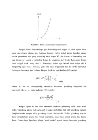 Gambar 4 Rapat keadaan dalam medium elastik
Ternyata bahwa bertambahnya g(ω) berbanding lurus dengan ω2, tidak seperti dalam
kasus satu dimensi dimana g(ω) berharga konstan. Hal ini terjadi karena kenaikan elemen
volume permukaan bola yang berbanding lurus dengan k2; dan karena itu berbanding lurus
juga dengan ω2 karena ω sebanding dengan k. Ungkapan g(ω) di atas bersesuaian dengan
moda tunggal untuk setiap nilai k. Sebenarnya, dalam tiga dimensi untuk setiap nilai k
mengandung tiga moda. berbeda, yaitu satu moda longitudinal dan dua moda transversal.
Hubungan dispersinya juga berbeda. Dengan demikian rapat keadaan (17) menjadi
...(18)
dimana vL dan vT, masing-masing merupakan kecepatan gelombang longitudinal dan
transversal. Jika vL=vT, maka ungkapan (18) menjadi :
...(19)
Sampai sejauh ini, kita telah membahas rambatan gelombang elastik pada bahan
padat. Gelombang elastik pada zat padat ini dapat disebabkan baik oleh gelombang mekanik
(bunyi/ultrasonik) maupun oleh gelombang termal (inframerah). Kedua gelombang tersebut
dapat menyebabkan getaran kisi. Untuk selanjutnya, paket-paket energi getaran kisi disebut
fonon. Fonon dapat dipandang sebagai “kuasi partikel” seperti halnya foton pada gelombang
 