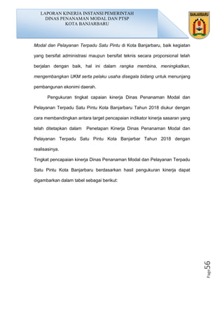 Page56
Modal dan Pelayanan Terpadu Satu Pintu di Kota Banjarbaru, baik kegiatan
yang bersifat administrasi maupun bersifat teknis secara proporsional telah
berjalan dengan baik, hal ini dalam rangka membina, meningkatkan,
mengembangkan UKM serta pelaku usaha disegala bidang untuk menunjang
pembangunan ekonimi daerah.
Pengukuran tingkat capaian kinerja Dinas Penanaman Modal dan
Pelayanan Terpadu Satu Pintu Kota Banjarbaru Tahun 2018 diukur dengan
cara membandingkan antara target pencapaian indikator kinerja sasaran yang
telah ditetapkan dalam Penetapan Kinerja Dinas Penanaman Modal dan
Pelayanan Terpadu Satu Pintu Kota Banjarbar Tahun 2018 dengan
realisasinya.
Tingkat pencapaian kinerja Dinas Penanaman Modal dan Pelayanan Terpadu
Satu Pintu Kota Banjarbaru berdasarkan hasil pengukuran kinerja dapat
digambarkan dalam tabel sebagai berikut:
LAPORAN KINERJA INSTANSI PEMERINTAH
DINAS PENANAMAN MODAL DAN PTSP
KOTA BANJARBARU
 