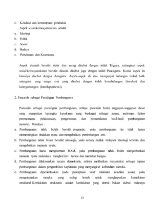 12
c. Keadaan dan kemampuan penduduk
Aspek sosial/kemasyarakatan adalah :
a. Ideologi
b. Politik
c. Sosial
d. Budaya
e. Pertahanan dan Keamanan.
Aspek alamiah bersifat statis dan sering disebut dengan istilah Trigatra, sedangkan aspek
sosial/kemasyarakatan bersifat dinamis disebut juga dengan istilah Pancagatra. Kedua aspek itu
biasanya disebut dengan Astagatra. Aspek-aspek di atas mempunyai hubungan timbal balik
antargatra yang sangat erat yang disebut dengan istilah keterhubungan (korelasi) dan
ketergantungan (interdependensi).
2. Pancasila sebagai Paradigma Pembangunan
Pancasila sebagai paradigma pembangunan, artinya pancasila berisi anggapan-anggapan dasar
yang merupakan kerangka keyakinan yang berfungsi sebagai acuan, pedoman dalam
perencanaan, pelaksanaan, pengawasan, dan pemamfaatan hasil-hasil pembangunan
nasional. Misalnya :
a. Pembangunan tidak boleh bersifat pragmatis, yaitu pembangunan itu tidak hanya
mementingkan tindakan nyata dan mengabaikan pertimbangan etis.
b. Pembangunan tidak boleh bersifat ideologis, yaitu secara mutlak melayani Ideologi tertentu dan
mengabaikan manusia nyata.
c. Pembangunan harus menghormati HAM, yaitu pembangunan tidak boleh mengorbankan
manusia nyata melainkan menghormati harkat dan martabat bangsa.
d. Pembangunan dilaksanakan secara demokratis, artinya melibatkan masyarakat sebagai tujuan
pembangunan dalam pengambilan keputusan yang menyangkut kebutuhan mereka.
e. Pembangunan diperioritaskan pada penciptaan taraf minimum keadilan sosial, yaitu
mengutamakan mereka yang paling lemah untuk menghapuskan kemiskinan
struktural. Kemiskinan struktural, adalah kemiskinan yang timbul bukan akibat malasnya
 
