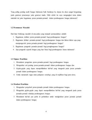 4
Yang paling penting nasib bangsa Indonesia baik buruknya ke depan itu akan sangat bergantung
pada generasi penerusnya yaitu generasi muda. Oleh sebab itu saya mengangkat tema dalam
makalah ini yaitu bagaimana peran pemuda-pemudi dalam pembangunan bangsa indonesia?.
1.2 Perumusan Masalah
Dari latar belakang masalah di atas,maka yang menjadi permasalahan adalah:
1. Bagaimana definisi peran pemuda-pemudi bagi pembangunan bangsa?
2. Bagamana definisi pemuda-pemudi bagi pembangunan bangsa dan faktor-faktor apa yang
mempengaruhi peran pemuda-pemudi bagi pembangunan bangsa?
3. Bagaimana pengaruh pemuda-pemudi bagi pemgbangunan bangsa?
4. Apa pengaruh sejarah bangsa yang luar biasa bagi pembangunan bansa indonesia?
1.3 Tujuan Penelitian
1. Memahami pengertian peran pemuda-pemudi bagi pembangunan bangsa.
2. Mengetahui arti penting peran pemuda-pemudi dalam pembangunan bangsa dan
3. Gejala-gejala yang dapat memperlihatkan hal-hal yang mengarah pada peran pemuda-
pemudi dalam pembangunan bangsa.
4. Untuk memenuhi tugas mata pelajaran sosiologi yang di wajibkan bagi para siswa.
1.4 Manfaat Penelitian
1. Mengetahui penyebab peran pemuda pemudi dalam pembangunan bangsa.
2. Mengeahui gejala-gejala yang dapat memperlihatkan hal-hal yang mengarah pada peran
pemuda-pemudi tehadap pembangunan bangsa.
3. Memahami hal-hal yan perlu di perhatikan untuk menigkatkan peran pemuda pemudi
dalam pembangunan bangsa
 