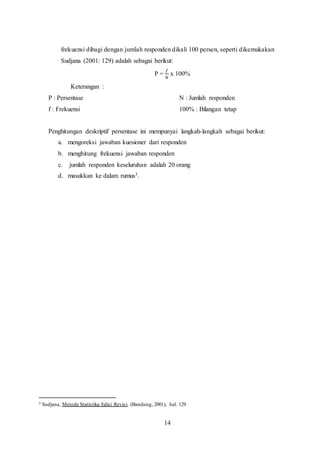 14
frekuensi dibagi dengan jumlah responden dikali 100 persen, seperti dikemukakan
Sudjana (2001: 129) adalah sebagai berikut:
P =
𝑓
𝑁
x 100%
Keterangan :
P : Persentase
f : Frekuensi
N : Jumlah responden
100% : Bilangan tetap
Penghitungan deskriptif persentase ini mempunyai langkah-langkah sebagai berikut:
a. mengoreksi jawaban kuesioner dari responden
b. menghitung frekuensi jawaban responden
c. jumlah responden keseluruhan adalah 20 orang
d. masukkan ke dalam rumus3.
3 Sudjana, Metode Statistika Edisi Revisi, (Bandung, 2001), hal. 129
 