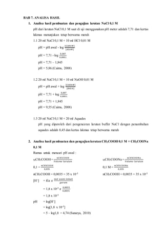 BAB 7. ANALISA HASIL 
1. Analisa hasil pembuatan dan pengujian larutan NaCl 0,1 M 
pH dari larutan NaCl 0,1 M saat di uji menggunakan pH meter adalah 7,71 dan kertas 
lakmus menunjukan tetap berwarna merah 
1.1 20 ml NaCl 0,1 M + 10 ml HCl 0,01 M 
pH = pH awal - log 
[퐺퐴푅퐴푀 ] 
[퐴푆퐴푀 ] 
pH = 7,71 - log 
0,007 
0,0001 
pH = 7,71 – 1,845 
pH = 5,86 (Cairns, 2008) 
1.2 20 ml NaCl 0,1 M + 10 ml NaOH 0,01 M 
pH = pH awal + log 
[퐺퐴푅퐴푀 ] 
[퐵퐴푆퐴] 
pH = 7,71 + log 
0,007 
0,0001 
pH = 7,71 + 1,845 
pH = 9,55 (Cairns, 2008) 
1.3 20 ml NaCl 0,1 M + 20 ml Aquades 
pH yang diperoleh dari pengenceran larutan buffer NaCl dengan penambahan 
aquades adalah 8,45 dan kertas lakmus tetap berwarna merah 
2. Analisa hasil pembuatan dan pengujian larutan CH3COOH 0,1 M + CH3COONa 
0,1 M 
Rumus untuk mencari pH awal : 
MCH3COOH = 
푛퐶퐻3퐶푂푂퐻 
푉표푙푢푚푒 푙푎푟푢푡푎푛 
MCH3COONa = 
푛퐶퐻3퐶푂푂푁푎 
푉표푙푢푚푒 푙푎푟푢푡푎푛 
0,1 = 
푛퐶퐻3퐶푂푂퐻 
0,035 
0,1 M = 
푛퐶퐻3퐶푂푂푁푎 
0,035 
nCH3COOH = 0,0035 = 35 x 10-5 nCH3COOH = 0,0035 = 35 x 10-5 
[H+] = 퐾푎 푥 푚표푙 푎푠푎푚 푙푒푚푎ℎ 
푔푎푟푎푚 
= 1,8 x 10-5 푥 0,0035 
0,0035 
= 1,8 x 10-5 
pH = log[H+] 
= log[1,8 x 10-5] 
= 5 – log1,8 = 4,74 (Sunarya, 2010) 
 