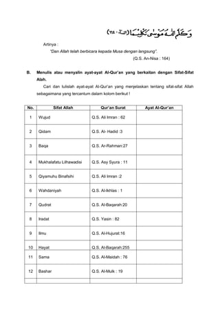 Artinya :
“Dan Allah telah berbicara kepada Musa dengan langsung”.
(Q.S. An-Nisa : 164)
B. Menulis atau menyalin ayat-ayat Al-Qur’an yang berkaitan dengan Sifat-Sifat
Alah.
Cari dan tulislah ayat-ayat Al-Qur’an yang menjelaskan tentang sifat-sifat Allah
sebagaimana yang tercantum dalam kolom berikut !
No. Sifat Allah Qur’an Surat Ayat Al-Qur’an
1 Wujud Q.S. Ali Imran : 62
2 Qidam Q.S. Al- Hadid :3
3 Baqa Q.S. Ar-Rahman:27
4 Mukhalafatu Lilhawadisi Q.S. Asy Syura : 11
5 Qiyamuhu Binafsihi Q.S. Ali Imran :2
6 Wahdaniyah Q.S. Al-Ikhlas : 1
7 Qudrat Q.S. Al-Baqarah:20
8 Iradat Q.S. Yasin : 82
9 Ilmu Q.S. Al-Hujurat:16
10 Hayat Q.S. Al-Baqarah:255
11 Sama Q.S. Al-Maidah : 76
12 Bashar Q.S. Al-Mulk : 19
 