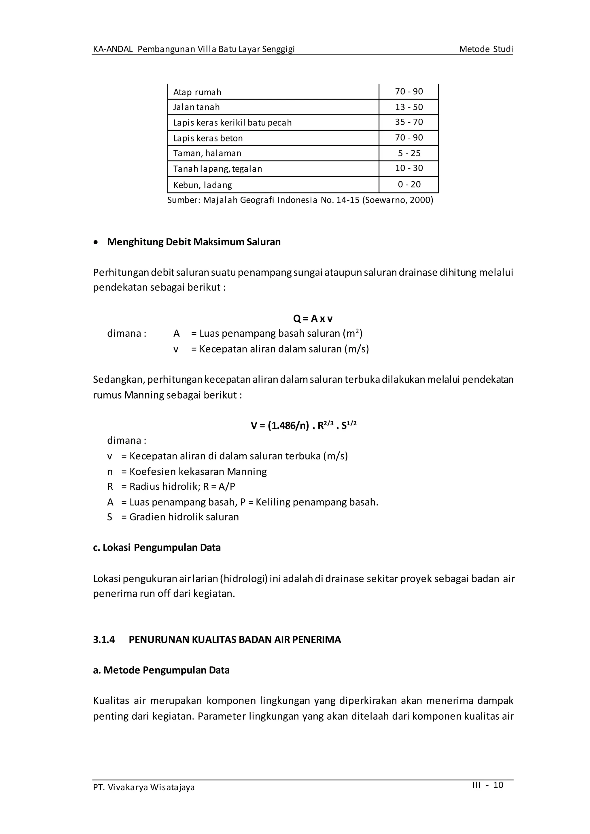 KA-ANDAL Pembangunan Villa Batu Layar Senggigi Metode Studi
PT. Vivakarya Wisatajaya III - 10
Sumber: Majalah Geografi Indonesia No. 14-15 (Soewarno, 2000)
 Menghitung Debit Maksimum Saluran
Perhitungandebitsaluransuatupenampangsungai ataupunsalurandrainase dihitung melalui
pendekatan sebagai berikut :
Q = A x v
dimana : A = Luas penampang basah saluran (m2
)
v = Kecepatan aliran dalam saluran (m/s)
Sedangkan,perhitungankecepatanalirandalamsaluranterbukadilakukanmelalui pendekatan
rumus Manning sebagai berikut :
V = (1.486/n) . R2/3
. S1/2
dimana :
v = Kecepatan aliran di dalam saluran terbuka (m/s)
n = Koefesien kekasaran Manning
R = Radius hidrolik; R = A/P
A = Luas penampang basah, P = Keliling penampang basah.
S = Gradien hidrolik saluran
c. Lokasi Pengumpulan Data
Lokasi pengukuranairlarian(hidrologi) ini adalahdi drainase sekitar proyek sebagai badan air
penerima run off dari kegiatan.
3.1.4 PENURUNAN KUALITAS BADAN AIR PENERIMA
a. Metode Pengumpulan Data
Kualitas air merupakan komponen lingkungan yang diperkirakan akan menerima dampak
penting dari kegiatan. Parameter lingkungan yang akan ditelaah dari komponen kualitas air
Atap rumah 70 - 90
Jalan tanah 13 - 50
Lapis keras kerikil batu pecah 35 - 70
Lapis keras beton 70 - 90
Taman, halaman 5 - 25
Tanah lapang,tegalan 10 - 30
Kebun, ladang 0 - 20
 
