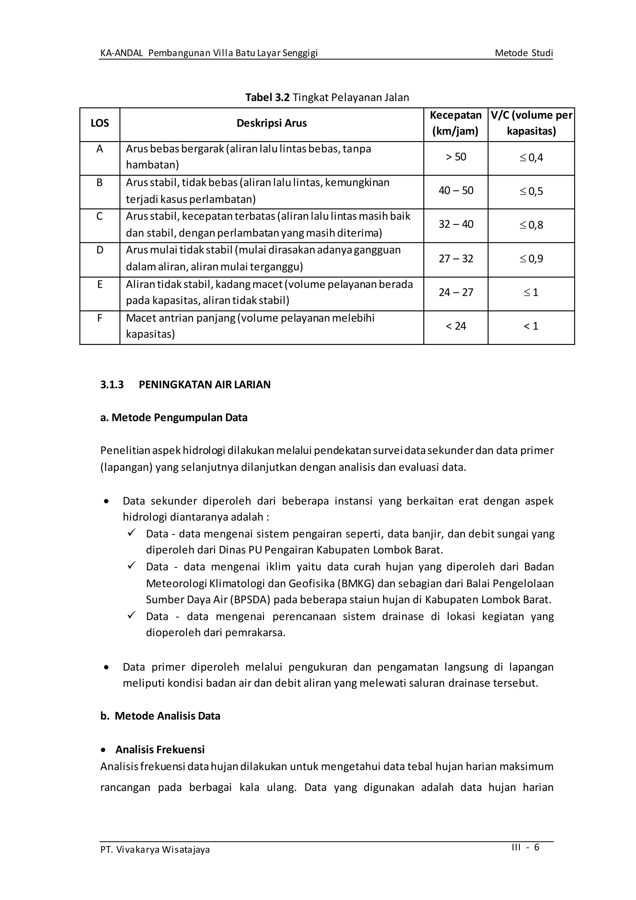 KA-ANDAL Pembangunan Villa Batu Layar Senggigi Metode Studi
PT. Vivakarya Wisatajaya III - 6
Tabel 3.2 Tingkat Pelayanan Jalan
LOS Deskripsi Arus
Kecepatan
(km/jam)
V/C (volume per
kapasitas)
A Arusbebasbergarak(aliranlalulintasbebas,tanpa
hambatan)
> 50  0,4
B Arusstabil,tidakbebas(aliranlalulintas,kemungkinan
terjadi kasusperlambatan)
40 – 50  0,5
C Arusstabil,kecepatanterbatas(aliranlalulintasmasihbaik
dan stabil,denganperlambatanyangmasihditerima)
32 – 40  0,8
D Arusmulai tidakstabil (mulai dirasakanadanyagangguan
dalamaliran,aliranmulai terganggu)
27 – 32  0,9
E Alirantidakstabil,kadangmacet(volume pelayananberada
pada kapasitas,alirantidakstabil)
24 – 27  1
F Macet antrian panjang(volume pelayananmelebihi
kapasitas)
< 24 < 1
3.1.3 PENINGKATAN AIR LARIAN
a. Metode Pengumpulan Data
Penelitianaspekhidrologi dilakukanmelalui pendekatansurveidatasekunderdan data primer
(lapangan) yang selanjutnya dilanjutkan dengan analisis dan evaluasi data.
 Data sekunder diperoleh dari beberapa instansi yang berkaitan erat dengan aspek
hidrologi diantaranya adalah :
 Data - data mengenai sistem pengairan seperti, data banjir, dan debit sungai yang
diperoleh dari Dinas PU Pengairan Kabupaten Lombok Barat.
 Data - data mengenai iklim yaitu data curah hujan yang diperoleh dari Badan
Meteorologi Klimatologi dan Geofisika (BMKG) dan sebagian dari Balai Pengelolaan
Sumber Daya Air (BPSDA) pada beberapa staiun hujan di Kabupaten Lombok Barat.
 Data - data mengenai perencanaan sistem drainase di lokasi kegiatan yang
dioperoleh dari pemrakarsa.
 Data primer diperoleh melalui pengukuran dan pengamatan langsung di lapangan
meliputi kondisi badan air dan debit aliran yang melewati saluran drainase tersebut.
b. Metode Analisis Data
 Analisis Frekuensi
Analisisfrekuensi datahujandilakukan untuk mengetahui data tebal hujan harian maksimum
rancangan pada berbagai kala ulang. Data yang digunakan adalah data hujan harian
 