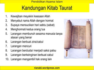 Kandungan Kitab Taurat
1. Kewajiban meyakini keesaan Allah
2. Menyebut nama Allah dengan hormat
3. Supaya mensucikan hari sabtu (sabat)
4. Menghormati kedua orang tua
5. Larangan membunuh sesama manusia tanpa
alasan yang benar
6. Larangan berbuat zina/cabul
7. Larangan mencuri
8. Larangan berdusta/ menjadi saksi palsu
9. Larangan berkeinginan berbuat cabul
10. Larangan mengambil hak orang lain
 