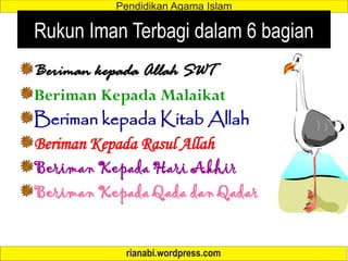 Rukun Iman Terbagi dalam 6 bagian
Beriman kepada Allah SWT
Beriman Kepada Malaikat
Beriman kepada Kitab Allah
Beriman Kepada Rasul Allah
Beriman Kepada Hari Akhir
Beriman Kepada Qada dan Qadar
 