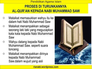 PROSES DI TURUNKANNYA
AL-QUR’AN KEPADA NABI MUHAMMAD SAW
o Malaikat memasukkan wahyu itu ke
dalam hati Nabi Muhammad Saw
o Malaikat menampakkan sebagai
seorang laki laki yang megucapkan
kata kata kepada Nabi Muhammad
Saw
o Wahyu datang kepada Nabi
Muhammad Saw. seperti suara
lonceng
o Malaikat menampakkan dirinya
kepada Nabi Muhammad
Saw.dalam wujud yang asli
 