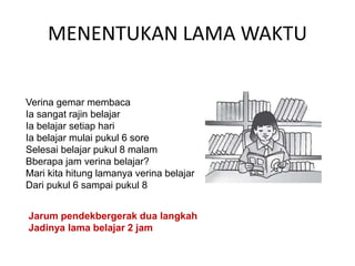MENENTUKAN LAMA WAKTU
Verina gemar membaca
Ia sangat rajin belajar
Ia belajar setiap hari
Ia belajar mulai pukul 6 sore
Selesai belajar pukul 8 malam
Bberapa jam verina belajar?
Mari kita hitung lamanya verina belajar
Dari pukul 6 sampai pukul 8
Jarum pendekbergerak dua langkah
Jadinya lama belajar 2 jam
 
