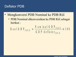 Copyright © 2004 South-Western
Deflator PDB
• Mengkonversi PDB Nominal ke PDB Riil
• PDB Nominal dikonversikan ke PDB Riil...