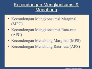 Copyright © 2004 South-Western
Kecondongan Mengkonsumsi &
Menabung
• Kecondongan Mengkonsumsi Marginal
(MPC)
• Kecondongan...