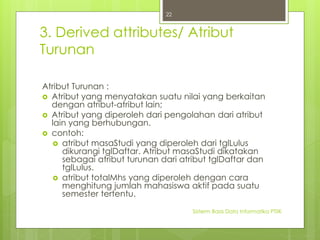 3. Derived attributes/ Atribut 
Turunan 
Atribut Turunan : 
 Atribut yang menyatakan suatu nilai yang berkaitan 
dengan atribut-atribut lain; 
 Atribut yang diperoleh dari pengolahan dari atribut 
lain yang berhubungan. 
 contoh: 
 atribut masaStudi yang diperoleh dari tglLulus 
dikurangi tglDaftar. Atribut masaStudi dikatakan 
sebagai atribut turunan dari atribut tglDaftar dan 
tglLulus. 
 atribut totalMhs yang diperoleh dengan cara 
menghitung jumlah mahasiswa aktif pada suatu 
semester tertentu. 
Sisterm Basis Data Informatika PTIIK 
22 
 