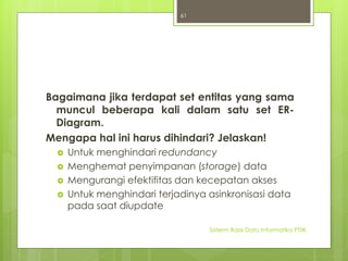 Bagaimana jika terdapat set entitas yang sama 
muncul beberapa kali dalam satu set ER-Diagram. 
Mengapa hal ini harus dihindari? Jelaskan! 
 Untuk menghindari redundancy 
 Menghemat penyimpanan (storage) data 
 Mengurangi efektifitas dan kecepatan akses 
 Untuk menghindari terjadinya asinkronisasi data 
pada saat diupdate 
Sisterm Basis Data Informatika PTIIK 
61 
 