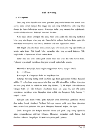 Page 15 
BAB III Penutup 
A. Kesimpulan 
Data yang telah diperoleh dari suatu penelitian yang masih berupa data mentah (raw 
score), dapat dibuat menjadi data tunggal atau data yang berkelompok (data yang telah 
disusun ke dalam kelas-kelas tertentu. Selanjutnya daftar yang memuat data berkelompok 
tersebut disebut distribusi frekuensi atau tabel frekuensi. 
Kelas-kelas adalah kelompok nilai data; Batas kelas adalah nilai-nilai yang membatasi 
kelas yang satu dengan kelas yang lain. Dalam hal ini terdapat dua batas kelas, yakni: (1) 
batas kelas bawah (lower class limits), dan batas kelas atas (upper class limits) 
Titik tengah kelas atau tanda kelas adalah angka atau nilai data yang tepat terletak di 
tengah suatu kelas. Titik tengah kelas merupakan nilai yang mewakili kelasnya. Titik 
tengah kelas = ½ (batas atas + batas bawah) kelas. 
Lebar atau luas kelas adalah jarak antara batas atas kelas dan batas bawah kelas. 
Frekuensi kelas adalah banyaknya data yang termasuk dalam kelas tertentu. 
Menentukan banyaknya kelas dengan menggunakan Rumus Sturgess adalah 
K = 1 + 3,3 log n 
Keterangan: K = banyaknya kelas n = banyaknya data 
Beberapa hal yang penting untuk diketahui juga dalam penyusunan distribusi frekuensi 
adalah: (1) perlu dijaga jangan sampai ada data yang tidak dimasukkan kedalam kelas atau 
ada data yang masuk ke dalam dua kelas yang berbeda, (2) titik tengah kelas diusahakan 
bilangan bulat, (3) nilai frekuensi diusahakan tidak ada yang nol, dan (4) dalam 
menentukan banyaknya kelas diusahakan tidak sedikit, dan banyaknya kelas berkisar 9 
sampai 12 buah. 
Penyajian data dalam bentuk grafik bertujuan untuk memberikan gambaran sebaran 
data dalam bentuk visualisasi. Terdapat beberapa macam grafik yang biasa digunakan 
untuk memberikan gambaran data, yakni: histogram, frekuensi poligon, dan ogive. 
Grafik Histogram dan Poligon frekuensi adalah dua grafik yang sering digunakan 
untuk menggambarkan distribusi frekuensi. Histogram merupakan grafik batang dari 
distribusi frekuensi dan poligon frekuensi merupakan grafik garisnya. 
 