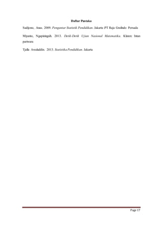 Page 17 
Daftar Pustaka 
Sudijono, Anas. 2009. Pengantar Statistik Pendidikan. Jakarta :PT Raja Grafindo Persada 
Miyanto, Ngapiningsih. 2013. Detik-Detik Ujian Nasional Matematika. Klaten: Intan 
pariwara 
Tjalla Awaluddin. 2013. Statistika Pendidikan. Jakarta 

