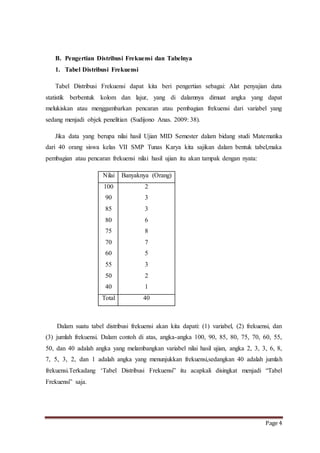Page 4 
B. Pengertian Distribusi Frekuensi dan Tabelnya 
1. Tabel Distribusi Frekuensi 
Tabel Distribusi Frekuensi dapat kita beri pengertian sebagai: Alat penyajian data 
statistik berbentuk kolom dan lajur, yang di dalamnya dimuat angka yang dapat 
melukiskan atau menggambarkan pencaran atau pembagian frekuensi dari variabel yang 
sedang menjadi objek penelitian (Sudijono Anas. 2009: 38). 
Jika data yang berupa nilai hasil Ujian MID Semester dalam bidang studi Matematika 
dari 40 orang siswa kelas VII SMP Tunas Karya kita sajikan dalam bentuk tabel,maka 
pembagian atau pencaran frekuensi nilai hasil ujian itu akan tampak dengan nyata: 
Nilai Banyaknya (Orang) 
100 
2 
90 
3 
85 
3 
80 
6 
75 
8 
70 
7 
60 
5 
55 
3 
50 
2 
40 
1 
Total 40 
Dalam suatu tabel distribusi frekuensi akan kita dapati: (1) variabel, (2) frekuensi, dan 
(3) jumlah frekuensi. Dalam contoh di atas, angka-angka 100, 90, 85, 80, 75, 70, 60, 55, 
50, dan 40 adalah angka yang melambangkan variabel nilai hasil ujian, angka 2, 3, 3, 6, 8, 
7, 5, 3, 2, dan 1 adalah angka yang menunjukkan frekuensi,sedangkan 40 adalah jumlah 
frekuensi.Terkadang ‘Tabel Distribusi Frekuensi” itu acapkali disingkat menjadi “Tabel 
Frekuensi” saja. 
 