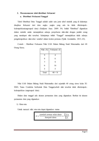 Page 5 
2. Macam-macam tabel distribusi frekuensi 
a. Distribusi Frekuensi Tunggal 
Tabel Distribusi Data Tunggal adalah salah satu jenis tabel statistik yang di dalamnya 
disajikan frekuensi dari data angka ;angka yang ada itu tidak dikelompok-kelompokkan( 
ungrouped data) (Sudijono Anas. 2009: 39). Istilah “Distribusi” digunakan 
dalam statistik untuk menunjukkan adanya penyebaran nilai-nilai dengan jumlah orang 
yang mendapat nilai tersebut. Selanjutnya istilah “Tunggal” menunjukkan tidak adanya 
pengelompokkan nilai-nilai variabel dalam kolom pertama (Tjalla Awaluddin, 2013, 43). 
Contoh : Distribusi Frekuensi Nilai UAS Dalam Bidang Studi Matematika dari 40 
Orang Siswa. 
Nilai UAS Dalam Bidang Studi Matematika dari sejumlah 40 orang siswa kelas X1 
SMA Tunas Cendekia berbentuk Data Tunggal,sebab nilai tersebut tidak dikelompok-kelompokkan 
(ungrouped data). 
Dalam data tunggal ada ukuran pemusatan data yang digunakan. Berikut ini ukuran 
pemusatan data yang digunakan 
1) Rata-rata 
Untuk mencari nilai rata-rata dapat digunakan rumus 
푥̅ = 
푗푢푚푙푎ℎ 푠푒푚푢푎 푛푖푙푎푖 푑푎푡푎 
푏푎푛푦푎푘 푑푎푡푎 
= 
Σ 푓푖 푥푖 
Σ 푓푖 
Nilai (X) Frekuensi (f) 
9 
8 
7 
6 
5 
4 
6 
9 
16 
5 
Total 40 = N 
 