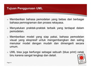 Tujuan Penggunaan UML


   Memberikan bahasa pemodelan yang bebas dari berbagai
    bahasa pemrograman dan proses rekayasa.
   Menyatukan praktek-praktek terbaik yang terdapat dalam
    pemodelan.
   Memberikan model yang siap pakai, bahasa pemodelan
    visual yang ekspresif untuk mengembangkan dan saling
    menukar model dengan mudah dan dimengerti secara
    umum.
   UML bisa juga berfungsi sebagai sebuah (blue print) cetak
    biru karena sangat lengkap dan detail.

Page  4
 