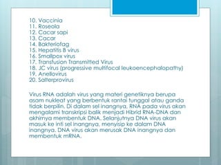 10. Vaccinia
11. Roseola
12. Cacar sapi
13. Cacar
14. Bakteriofag
15. Hepatitis B virus
16. Smallpox virus
17. Transfusion Transmitted Virus
18. JC virus (progressive multifocal leukoencephalopathy)
19. Anellovirus
20. Salterprovirus
Virus RNA adalah virus yang materi genetiknya berupa
asam nukleat yang berbentuk rantai tunggal atau ganda
tidak berpilin. Di dalam sel inangnya, RNA pada virus akan
mengalami transkripsi balik menjadi Hibrid RNA-DNA dan
akhirnya membentuk DNA. Selanjutnya DNA virus akan
masuk ke inti sel inangnya, menyisip ke dalam DNA
inangnya. DNA virus akan merusak DNA inangnya dan
membentuk mRNA.
 