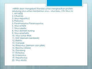 mRNA akan mengalami translasi untuk menghasilkan protein
selubung virus untuk menbentuk virus – virus baru. Cth Virus ini:
1. HIV AIDS
2. Influenza
3. Virus Hepatitis E
4. Poliovirus
5. Paramyxovirus Paramyxovirus
6. Virus enterik
7. Virus rubella
8. Virus demam kuning
9. Virus ensefalitis
10. Virus tumor RNA
11. DHF (demam berdarah)
12. Rabies
13. Campak
14. Rhinovirus (demam dan pilek)
15. Reovirus (diare)
16. Gondong
17. Rotavirus
18. Enterovirus
19. Hepatovirus
20. Virus ebola
 