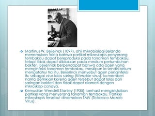  Martinus W. Beijeinck (1897), ahli mikrobiologi Belanda
menemukan fakta bahwa partikel mikroskopis penyerang
tembakau dapat bereproduksi pada tanaman tembakau,
tetapi tidak dapat dibiakkan pada medium pertumbuhan
bakteri. Beijerinck berpendapat bahwa ada agen yang
menginfeksi tanaman tembakau, meskipun ia sendiri belum
mengetahui hal itu. Beijerinck menyebut agen penginfeksi
itu sebagai virus lolos saring (filterable virus). Ia memberi
nama demikian karena agen tersebut dapat lolos dari
saringan bakteri dan tidak dapat diamati dengan
mikroskop cahaya.
 Kemudian Wendell Stanley (1935), berhasil mengkristalkan
partikel yang menyerang tanaman tembakau. Partikel
mikroskopis tersebut dinamakan TMV (Tobacco Mozaic
Virus).
 