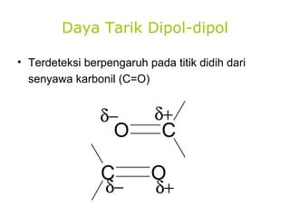 Daya Tarik Dipol-dipol Terdeteksi berpengaruh pada titik didih dari senyawa karbonil (C=O)  