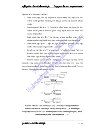 DiktatKuliah: Otomasi SistemProduksiTeknikIndustriUniv. WidyagamaMalang
KonsepOtomasi SistemProduksi I - 15
Tipe-tipe joint diantaranya adalah :
 Joint linier (tipe joint L). Pergerakan relatif antara link input dan link
output adalah gerakan translasi geser dengan sumbu dari dua link adalah
sejajar
 Joint ortogonal (tipe joint O). Pergerakan relatif antara link input dan link
output adalah gerakan translasi geser saling tegak lurus satu sama lain
selama perpindahan.
 Joint rotasi (tipe joint R). Tipe ini menyediakan gerakan rotasi relatif,
dengan sumbu rotasi tegak lurus pada sumbu dari link input dan output.
 Joint puntir (tipe joint T). tipe ini juga melibatkan gerakan rotasi, tapi
sumbu rotasi sejajar dengan sumbu kedua link
 Revolving join (tipe join V, V berasal dari “v” pada revolving). Pada tipe
joint ini, sumbu link input sejajar dengan sumbu rotasi joint, dan sumbu
link output tegak lurus dengan sumbu rotasi.
Hampir semua robot industri mempunyai hubungan (joints) secara
mekanik, yang dapat diklasifikasikan sebagai satu dari lima tipe : dua tipe
menyediakan gerakan translasi dan tiga tipe menyediakan gerakan rotasi. Tpe-tipe
joints ini diilustrasikan pada gambar berikut.
Gambar 1.9 Lima Jenis Sambungan yang Umum digunakan pada Industri
Konstruksi Robot : a. Sambungan linier (sambungan tipe L), b. Sambungan
ortogonal (sambungan tipe O), c. Sambungan rotasional (sambungan tipe R), dan d.
Sambungan tipe putar (sambungan tipe V). [7]
 