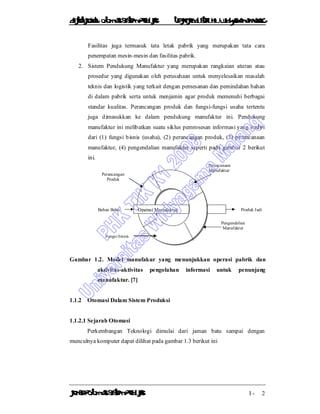 DiktatKuliah: Otomasi SistemProduksiTeknikIndustriUniv. WidyagamaMalang
KonsepOtomasi SistemProduksi I - 2
Fasilitas juga termasuk tata letak pabrik yang merupakan tata cara
penempatan mesin-mesin dan fasilitas pabrik.
2. Sistem Pendukung Manufaktur yang merupakan rangkaian aturan atau
prosedur yang digunakan oleh perusahaan untuk menyelesaikan masalah
teknis dan logistik yang terkait dengan pemesanan dan pemindahan bahan
di dalam pabrik serta untuk menjamin agar produk memenuhi berbagai
standar kualitas. Perancangan produk dan fungsi-fungsi usaha tertentu
juga dimasukkan ke dalam pendukung manufaktur ini. Pendukung
manufaktur ini melibatkan suatu siklus pemrosesan informasi yang terdiri
dari (1) fungsi bisnis (usaha), (2) perancangan produk, (3) perencanaan
manufaktur, (4) pengendalian manufaktur seperti pada gambar 2 berikut
ini.
Gambar 1.2. Model manufakur yang menunjukkan operasi pabrik dan
aktivitas-aktivitas pengolahan informasi untuk penunjang
manufaktur. [7]
1.1.2 Otomasi Dalam Sistem Produksi
1.1.2.1 Sejarah Otomasi
Perkembangan Teknologi dimulai dari jaman batu sampai dengan
munculnya komputer dapat dilihat pada gambar 1.3 berikut ini
Perencanaan
Manufaktur
Pengendalian
Manufaktur
Perancangan
Produk
Fungsi bisnis
Operasi ManufakturBahan Baku Produk Jadi
 