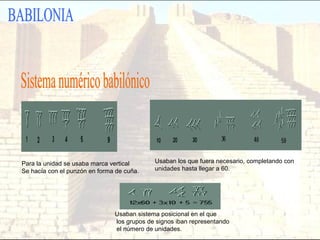 Para la unidad se usaba marca vertical
Se hacía con el punzón en forma de cuña.
Usaban los que fuera necesario, completando con
unidades hasta llegar a 60.
Usaban sistema posicional en el que
los grupos de signos iban representando
el número de unidades.