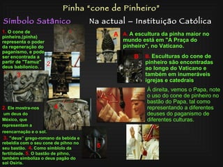 Símbolo Satânico Na actual – Instituição Católica Pinha “cone de Pinheiro” 2.   Ele mostra­nos um deus do  México, que  representam a  reencarnação e o sol. 3.   “ deus”  grego-romano  da bebida e rebeldia com o seu cone de pihno no seu bastão.  4 . Como  símblolo  da fertilidade.  5.  O bastão de pihno, também simboliza o deus pagão do sol Osiris. 1.   O cone de pinheiro,(pinha) representa o poder da regeneração do paganismo, e pode ser encontrada a partir de "Tamuz" deus babilonico.  . 1 2 3 4 5 B.   Esculturas do cone de pinheiro são encontradas ao longo do Vaticano e também em inumeráveis igrejas e catedrais . A A.   A escultura da pinha maior no mundo está em "A Praça do pinheiro", no Vaticano.  À direita, vemos o Papa, note o uso do cone de pinheiro no bastão do Papa, tal como representando a diferentes deuses do paganismo de diferentes culturas. B 