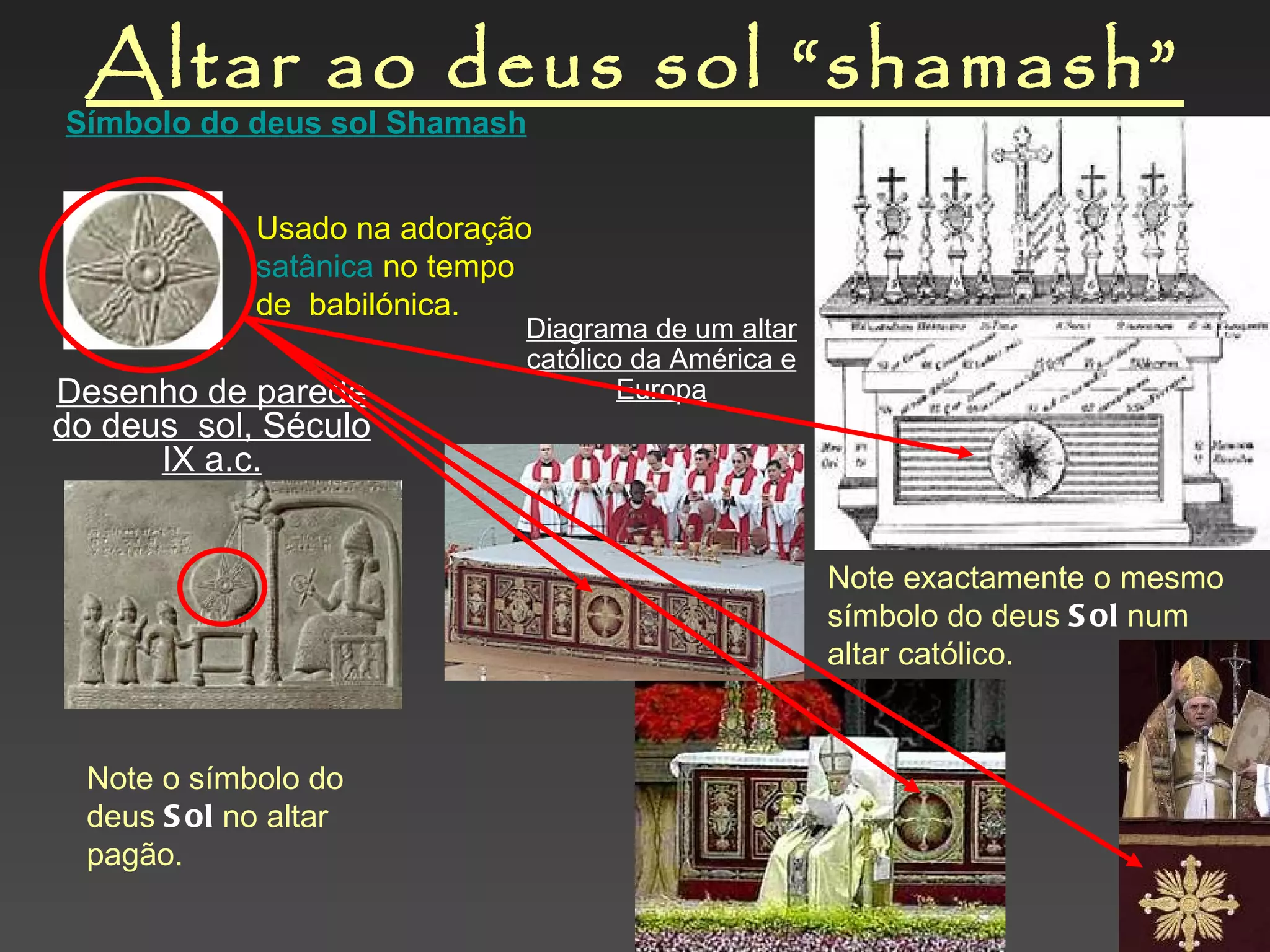 Altar ao deus sol “shamash” Desenho de parede do deus  sol, Século IX a.c. Diagrama de um altar católico da América e Europa Símbolo do  deus  sol  Shamash Usado na adoração  satânica   no tempo de  babilónica.   Note o símbolo do deus  Sol  no altar pagão.  Note exactamente o mesmo símbolo do deus  Sol  num altar católico.  