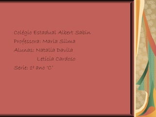 Colégio Estadual Albert Sabin Professora: Maria Silma  Alunas: Natalia Davila  Letícia Cardoso  Serie: 1º ano ‘C’  