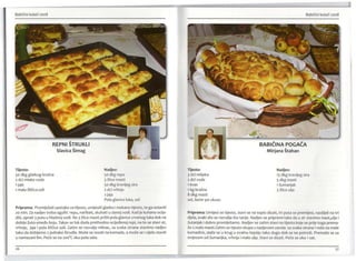 Babičini kolači 2008
REPNI ŠTRUKLI
Slavica Šimag
Nadjev:
50 dkg repe
3 žlice masti
50 dkg kravljeg sira
2 del vrhnja
2 jaja
Pola glavice luka, sol
Priprema: Promiješati sastojke za tijesto, umijesiti glatko i mekana tijesto, te ga ostaviti
20 min. Za nadjev treba oguliti repu, naribati, skuhati u slanoj vodi. Kad je kuhano ocije-
diti, oprati 3 puta u hladnoj vodi. Na 3 žlice masti pržiti pola glavice crvenog luka dok ne
dobije žuto-smeđu boju. Takav se luk doda prethodno ocijeđenoj repi, na to se stavi sir,
vrhnje, jaja i pola žličice soli. Zatim se razvalja mlinac, sa svake strane stavimo nadjev
tako da dobijemo 2 jednake štrudle. Može se rezati na komade, a može se i cijelo staviti
u namazani lim. Pečese na 200
a
C oko pola sata.
Tijesto:
50 dkg glatkog brašna
2 del mlake vode
1 jaje
1 mala žličica soli
26 27
Babičini kolači 2008
BABIČINA POGAČA
Mirjana Štahan
Tijesto:
3 del mlijeka
2 del vode
1 kvas
1 kg brašna
8 dkg masti
sol, šećer po ukusu
Nadjev:
15 dkg kravljeg sira
5 dkg masti
1 žumanjak
3 žlice ulja
Priprema: Umijesi se tijesto, stavi se na toplo dizati, tri puta se premijesi, razdijeli na tri
djela, svaki dio se razvalja što tanje. Nadjev se pripremi tako da u sir stavimo mast,ulje i
žutanjak i dobro promiješamo. Nadjev se zatim stavi na tijesto koje se prije toga prema-
že s malo masti.Zatim se tijesto skupa s nadjevom zarala sa svake strane i reže na male
komadiće, slaže se u krug u ovainu tepsiju tako dugo dok se ne potroši. Premaže se sa
smjesom od žumanjka, vrhnja i malo ulja. Stavi se dizati. Pečese oko 1 sat.
 