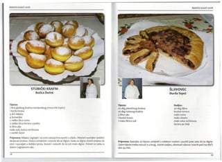 Babičini kolači 2008 Babičini kolači 2008
STUBIČKI KRAFNI
Božica Štefek
Tijesto:
1 litra glatkog brašna-namjenskog (mora biti toplo)
1 kocka kvasa
3 del mlijeka
4 žumanjka
2 velike žlice ruma
2 velike žlice šećera u prahu
6 žlica ulja
malo soli, korica od limuna
1 vanilin šećer
Priprema: Mlijeko zagrijati i sa svim sastojcima staviti u zdjelu. Miješati sastojke i polako
dodavati brašno. Dobro izmiješati i ostaviti da se digne. Kada se digne staviti smjesu na
stol i razvaljati u debljini prsta. Rezati i ostaviti da se još malo digne. Potom se peku u
dobro zagrijanom ulju.
28
Tijesto:
20 dkg pšeničnog brašna
20 dkg raženog brašna
3 žlice ulja
1 kocka kvasa
1 mala žličica soli
ŠUIVOVEC
Đurđa Tepeš
Nadjev:
50 dkg šljiva
krušne mrvice
malo ruma
malo cimeta
malo soka od limuna
šećera po želji
29
Priprema: Sastojke za tijesto umijesiti s mlakom vodom i pustiti pola sata da se digne.
Zatim tijesto treba razvući o u krug, staviti nadjev, okrenuti rubove i staviti peći na 180
o
(
oko 45 min.
 