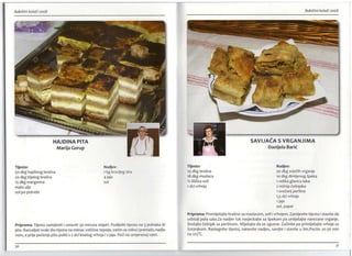 Babičini kolači 2008 Babičini kolači 2008
HAJDINA PITA
Marija Gorup
Tijesto:
50 dkg hajdinog brašna
20 dkg bijelog brašna
15 dkg margarina
malo ulja
sol po potrebi
Nadjev:
1 kg kravljeg sira
4 jaja
sol
Priprema: Tijesto zamijesiti i ostaviti 30 minuta stajati. Podijeliti tijesto na 3 jednaka di-
jela. Razvaljati svaki dio tijesta na mlinac veličine tepsije, zatim se mlinci premažu nadje-
vom, a prije pečenja pitu paliti s 2 del kiselog vrhnja i 2 jaja. Peći na umjerenoj vatri.
SAVIJAČA S VRGANJIMA
Danijela Barić
Tijesto:
25 dkg brašna
18 dkg maslaca
X žličica soli
1del vrhnja
Nadjev:
50 dkg svježih vrganja
10 dkg dimljenog špeka
1 velika glavica luka
2 režnja češnjaka
1svežanj peršina
1,5 del vrhnja
1 jaje
sol, papar
Priprema: Promiješajte brašno sa maslacem, soli i vrhnjem. Zamijesite tijesto i stavite da
odstoji pola sata.Za nadjev luk nasjeckajte sa špekom pa umiješajte narezane vrganje.
Dodajte češnjak sa peršinom. Miješajte da se zgusne. Začinite pa primiješajte vrhnje sa
žutanjkom. Rastegnite tijesto, nanesite nadjev, savijte i stavite u Iim.Pecite 20-30 min
na 225°C.
31
 