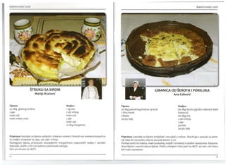 Babičini kolači 2008
ŠTRUKlI SA SIROM
Marija Bračević
Tijesto:
50 dkg glatkog brašna
1 jaje
malo soli
malo mlake vode
Nadjev:
1 kg sira
2 del vrhnja
malo soli
1 jaje
malo ulja
10 dkg margarina
Priprema: Sastojke za tijesto umijesiti s mlakom vodom. Ostaviti sat vremena da počiva.
Za nadjev izmiješati sir, jaje, sol, ulje i vrhnje.
Rastegnuti tijesto, premazati rastopljenim margarinom, rasporediti nadjev izarolati.
Narezati, složiti u lim i još jednom premazati odozgo.
Peći40 minuta na 180°C.
12 13
Babičini kolači 2008
GIBANICA OD ŠEROTA I PORILUKA
Ana Cobović
Tijesto:
50 dkg pšeničnog brašna za kruh
1 žlica masti
mlijeko
sol po želji
Nadjev:
60 dkg šerota (grubo mljeveni bijeli
kukuruz)
60 dkg sira
2 dcl vrhnja
1 jaje
poriluk
sol po želji
Priprema: Sastojke za tijesto izmiješati i razvaljati u mlinac. Staviti ga u posudu za peče-
nje tako da visi preko rubova posude barem 5 cm.
Poriluk izreži na trakice, malo prokuhaj, ocijedi i izmiješaj s ostalim sastojcima. Raspore-
di po tijestu i zavrni rubove tijesta. Prelij svrhnjem i stavi peći na 180
0
( 40 min. Lim mora
biti malo namašćen.
 