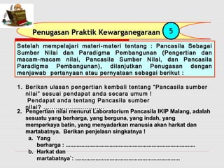 Penugasan PPrraakkttiikk KKeewwaarrggaanneeggaarraaaann 5 
SSeetteellaahh mmeemmppeellaajjaarrii mmaatteerrii--mmaatteerrii tteennttaanngg :: PPaannccaassiillaa SSeebbaaggaaii 
SSuummbbeerr NNiillaaii ddaann PPaarraaddiiggmmaa PPeemmbbaanngguunnaann ((PPeennggeerrttiiaann ddaann 
mmaaccaamm--mmaaccaamm nniillaaii,, PPaannccaassiillaa SSuummbbeerr NNiillaaii,, ddaann PPaannccaassiillaa 
PPaarraaddiiggmmaa PPeemmbbaanngguunnaann)),, ddiillaannjjuuttkkaann PPeennuuggaassaann ddeennggaann 
mmeennjjaawwaabb ppeerrttaannyyaaaann aattaauu ppeerrnnyyaattaaaann sseebbaaggaaii bbeerriikkuutt :: 
1. Berikan ulasan pengertian kembali tentang “Pancasila sumber 
nilai” sesuai pendapat anda secara umum ! 
Pendapat anda tentang Pancasila sumber 
nilai? .............................. 
22.. PPeennggeerrttiiaann nniillaaii mmeennuurruutt LLaabboorraattoorriiuumm PPaannccaassiillaa IIKKIIPP MMaallaanngg,, aaddaallaahh 
sseessuuaattuu yyaanngg bbeerrhhaarrggaa,, yyaanngg bbeerrgguunnaa,, yyaanngg iinnddaahh,, yyaanngg 
mmeemmppeerrkkaayyaa bbaattiinn,, yyaanngg mmeennyyaaddaarrkkaann mmaannuussiiaa aakkaann hhaarrkkaatt ddaann 
mmaarrttaabbaattnnyyaa.. BBeerriikkaann ppeennjjeellaassnn ssiinnggkkaattnnyyaa !! 
aa.. YYaanngg 
bbeerrhhaarrggaa :: ...................................................................................................................................................................... 
bb.. HHaarrkkaatt ddaann 
mmaarrttaabbaattnnyyaa``:: ...................................................................................................................................... 
 