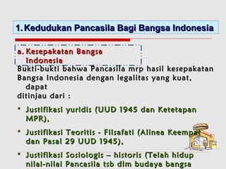 11..KKeedduudduukkaann PPaannccaassiillaa BBaaggii BBaannggssaa IInnddoonneessiiaa 
aa.. KKeesseeppaakkaattaann BBaannggssaa 
IInnddoonneessiiaa 
BBuukkttii--bbuukkttii bbaahhwwaa PPaannccaassiillaa mmrrpp hhaassiill kkeesseeppaakkaattaann 
BBaannggssaa IInnddoonneessiiaa ddeennggaann lleeggaalliittaass yyaanngg kkuuaatt,, 
ddaappaatt 
ddiittiinnjjaauu ddaarrii :: 
 JJuussttiiffiikkaassii yyuurriiddiiss ((UUUUDD 11994455 ddaann KKeetteettaappaann 
MMPPRR)),, 
 JJuussttiiffiikkaassii TTeeoorriittiiss -- FFiillssaaffaattii ((AAlliinneeaa KKeeeemmppaatt 
ddaann PPaassaall 2299 UUUUDD 11994455)),, 
 JJuussttiiffiikkaassii SSoossiioollooggiiss –– hhiissttoorriiss ((TTeellaahh hhiidduupp 
nniillaaii--nniillaaii PPaannccaassiillaa ttssbb ddllmm bbuuddaayyaa bbaannggssaa 
IInnddoonneessiiaa)).. 
 