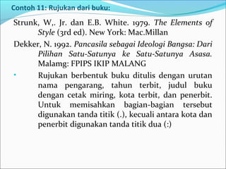 Contoh 11: Rujukan dari buku:
Strunk, W,. Jr. dan E.B. White. 1979. The Elements of
Style (3rd ed). New York: Mac.Millan
Dekker, N. 1992. Pancasila sebagai Ideologi Bangsa: Dari
Pilihan Satu-Satunya ke Satu-Satunya Asasa.
Malamg: FPIPS IKIP MALANG
• Rujukan berbentuk buku ditulis dengan urutan
nama pengarang, tahun terbit, judul buku
dengan cetak miring, kota terbit, dan penerbit.
Untuk memisahkan bagian-bagian tersebut
digunakan tanda titik (.), kecuali antara kota dan
penerbit digunakan tanda titik dua (:)
 