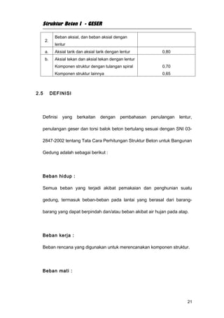 Struktur Beton I - GESER

            Beban aksial, dan beban aksial dengan
      2.
            lentur
      a.    Aksial tarik dan aksial tarik dengan lentur           0,80
      b.    Aksial tekan dan aksial tekan dengan lentur
            Komponen struktur dengan tulangan spiral              0,70
            Komponen struktur lainnya                             0,65



2.5        DEFINISI




  Definisi      yang    berkaitan    dengan      pembahasan   penulangan   lentur,

  penulangan geser dan torsi balok beton bertulang sesuai dengan SNI 03-

  2847-2002 tentang Tata Cara Perhitungan Struktur Beton untuk Bangunan

  Gedung adalah sebagai berikut :




  Beban hidup :

  Semua beban yang terjadi akibat pemakaian dan penghunian suatu

  gedung, termasuk beban-beban pada lantai yang berasal dari barang-

  barang yang dapat berpindah dan/atau beban akibat air hujan pada atap.




  Beban kerja :

  Beban rencana yang digunakan untuk merencanakan komponen struktur.




  Beban mati :




                                                                               21
 