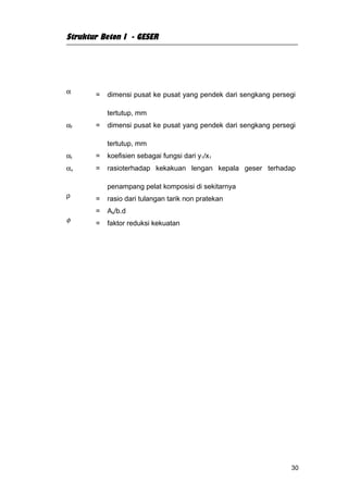 Struktur Beton I - GESER




α      =   dimensi pusat ke pusat yang pendek dari sengkang persegi

           tertutup, mm
αf     =   dimensi pusat ke pusat yang pendek dari sengkang persegi

           tertutup, mm
αt     =   koefisien sebagai fungsi dari y1/x1
αv     =   rasioterhadap kekakuan lengan kepala geser terhadap

           penampang pelat komposisi di sekitarnya
ρ      =   rasio dari tulangan tarik non pratekan
       =   As/b.d
φ      =   faktor reduksi kekuatan




                                                                 30
 