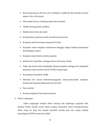 •   Rasa kurang percaya diri (low selw-confidence), rendah diri dan memiliki citra diri
         negative (low self-esteem)

     •   Sifat mudah kecewa, cenderung agresif dan destruktif

     •   Mudah murung,pemalu, pendiam

     •   Mudah mertsa bosan dan jenuh

     •   Keingintahuan yang besar untuk mencoba atau penasaran

     •   Keinginan untuk bersenang-senang (just for fun)

     •   Keinginan untuk mengikuti mode,karena dianggap sebagai lambing keperkasaan
         dan kehidupan modern

     •   Keinginan untuk diterima dalam pergaulan.

     •   Identitas diri yang kabur, sehingga merasa diri kurang “jantan”

     •   Tidak siap mental untuk menghadapi tekanan pergaulan sehingga sulit mengambil
         keputusan untuk menolak tawaran NAPZA dengan tegas

     •   Kemampuan komunikasi rendah

     •   Melarikan diri sesuatu (kebosanan,kegagalan, kekecewaan,ketidak mampuan,
         kesepian dan kegetiran hidup,malu dan lain-lain)

     •   Putus sekolah

     •   Kurang menghayati iman kepercayaannya

b. Faktor Lingkungan :

          Faktor lingkungan meliputi faktor keluarga dan lingkungan pergaulan baik
   disekitar rumah, sekolah, teman sebaya maupun masyarakat. Faktor keluarga,terutama
   faktor orang tua yang ikut menjadi penyebab seorang anak atau remaja menjadi
   penyalahguna NAPZA antara lain adalah :


                                          12
 