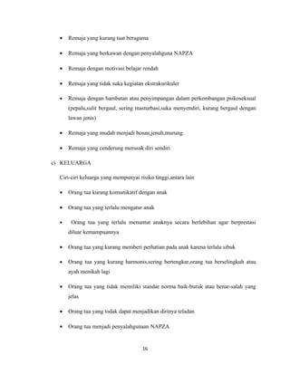 •   Remaja yang kurang taat beragama

  •   Remaja yang berkawan dengan penyalahguna NAPZA

  •   Remaja dengan motivasi belajar rendah

  •   Remaja yang tidak suka kegiatan ekstrakurikuler

  •   Remaja dengan hambatan atau penyimpangan dalam perkembangan psikoseksual
      (pepalu,sulit bergaul, sering masturbasi,suka menyendiri, kurang bergaul dengan
      lawan jenis)

  •   Remaja yang mudah menjadi bosan,jenuh,murung.

  •   Remaja yang cenderung merusak diri sendiri

c) KELUARGA

  Ciri-ciri keluarga yang mempunyai risiko tinggi,antara lain

  •   Orang tua kurang komunikatif dengan anak

  •   Orang tua yang terlalu mengatur anak

  •    Orang tua yang terlalu menuntut anaknya secara berlebihan agar berprestasi
      diluar kemampuannya

  •   Orang tua yang kurang memberi perhatian pada anak karena terlalu sibuk

  •   Orang tua yang kurang harmonis,sering bertengkar,orang tua berselingkuh atau
      ayah menikah lagi

  •   Orang tua yang tidak memiliki standar norma baik-buruk atau benar-salah yang
      jelas

  •   Orang tua yang todak dapat menjadikan dirinya teladan

  •   Orang tua menjadi penyalahgunaan NAPZA


                                      16
 