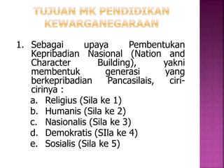 1. Sebagai upaya Pembentukan 
Kepribadian Nasional (Nation and 
Character Building), yakni 
membentuk generasi yang 
berkepribadian Pancasilais, ciri-cirinya 
: 
a. Religius (Sila ke 1) 
b. Humanis (Sila ke 2) 
c. Nasionalis (Sila ke 3) 
d. Demokratis (SIla ke 4) 
e. Sosialis (Sila ke 5) 
 