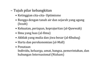 – Tujuh pilar kebangkitan
• Ketinggian cita-cita- Optimisme
• Bangga dengan tanah air dan sejarah yang agung
(Izzah)
• Kekuatan, periapan, keprajuritan (al-Quwwah)
• Ilmu yang luas (al-Ilmu)
• Akhlak yang mulia dan jiwa besar (al-Khuluq)
• Harta dan perekonomian (al-Mall)
• Penataan
Individu, keluarga, umat, bangsa, pemerintahan, dan
hubungan Internasional (Nizham)

 