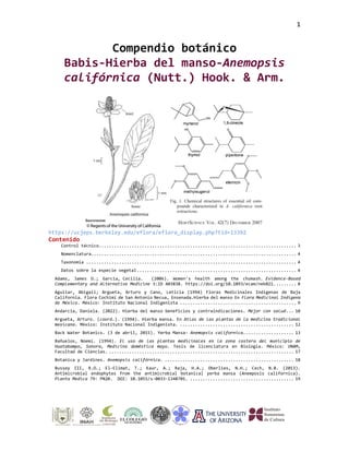 1
Compendio botánico
Babis-Hierba del manso-Anemopsis
califórnica (Nutt.) Hook. & Arm.
https://ucjeps.berkeley.edu/eflora/eflora_display.php?tid=13392
Contenido
Control técnico.............................................................................. 3
Nomenclatura................................................................................. 4
Taxonomía ................................................................................... 4
Datos sobre la especie vegetal............................................................... 4
Adams, James D.; Garcia, Cecilia. (2006). Women's health among the chumash. Evidence-Based
Complementary and Alternative Medicine 3:ID 403838. https://doi.org/10.1093/ecam/nek021......... 8
Aguilar, Abigail; Argueta, Arturo y Cano, Leticia (1994) Floras Medicinales Indígenas de Baja
California. Flora Cochimí de San Antonio Necua, Ensenada.Hierba del manso En Flora Medicinal Indígena
de México. México: Instituto Nacional Indigenista .............................................. 9
Andarcia, Daniela. (2022). Hierba del manso beneficios y contraindicaciones. Mejor con salud... 10
Argueta, Arturo. (coord.). (1994). Hierba mansa. En Atlas de las plantas de la medicina tradicional
mexicana. México: Instituto Nacional Indigenista. ............................................. 12
Back Water Botanics. (3 de abril, 2015). Yerba Mansa- Anemopsis californica.................... 13
Bañuelos, Noemí. (1994). El uso de las plantas medicinales en la zona costera del municipio de
Huatabampo, Sonora, Medicina doméstica mayo. Tesis de licenciatura en Biología. México: UNAM,
Facultad de Ciencias. ......................................................................... 17
Botanica y Jardines. Anemopsis califórnica. ................................................... 18
Bussey III, R.O.; El-Elimat, T.; Kaur, A.; Raja, H.A.; Oberlies, N.H.; Cech, N.B. (2013).
Antimicrobial endophytes from the antimicrobial botanical yerba mansa (Anemposis californica).
Planta Medica 79: PN20. DOI: 10.1055/s-0033-1348701. ......................................... 19
 