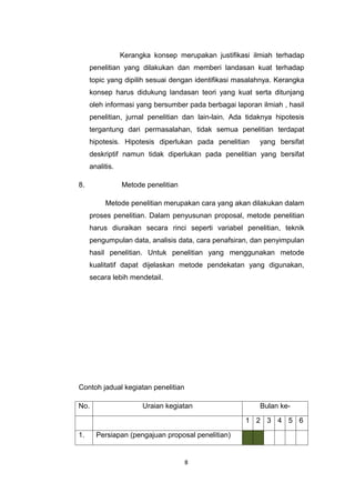 Kerangka konsep merupakan justifikasi ilmiah terhadap
     penelitian yang dilakukan dan memberi landasan kuat terhadap
     topic yang dipilih sesuai dengan identifikasi masalahnya. Kerangka
     konsep harus didukung landasan teori yang kuat serta ditunjang
     oleh informasi yang bersumber pada berbagai laporan ilmiah , hasil
     penelitian, jurnal penelitian dan lain-lain. Ada tidaknya hipotesis
     tergantung dari permasalahan, tidak semua penelitian terdapat
     hipotesis. Hipotesis diperlukan pada penelitian      yang bersifat
     deskriptif namun tidak diperlukan pada penelitian yang bersifat
     analitis.

8.               Metode penelitian

          Metode penelitian merupakan cara yang akan dilakukan dalam
     proses penelitian. Dalam penyusunan proposal, metode penelitian
     harus diuraikan secara rinci seperti variabel penelitian, teknik
     pengumpulan data, analisis data, cara penafsiran, dan penyimpulan
     hasil penelitian. Untuk penelitian yang menggunakan metode
     kualitatif dapat dijelaskan metode pendekatan yang digunakan,
     secara lebih mendetail.




Contoh jadual kegiatan penelitian

No.                    Uraian kegiatan                    Bulan ke-

                                                     1 2 3 4 5 6

1.     Persiapan (pengajuan proposal penelitian)


                                     8
 