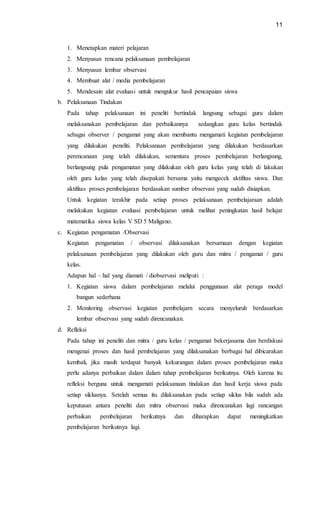 11
1. Menetapkan materi pelajaran
2. Menyusun rencana pelaksanaan pembelajaran
3. Menyusun lembar observasi
4. Membuat alat / media pembelajaran
5. Mendesain alat evaluasi untuk mengukur hasil pencapaian siswa
b. Pelaksanaan Tindakan
Pada tahap pelaksanaan ini peneliti bertindak langsung sebagai guru dalam
melaksanakan pembelajaran dan perbaikannya sedangkan guru kelas bertindak
sebagai observer / pengamat yang akan membantu mengamati kegiatan pembelajaran
yang dilakukan peneliti. Pelaksanaan pembelajaran yang dilakukan berdasarkan
perencanaan yang telah dilakukan, sementara proses pembelajaran berlangsung,
berlangsung pula pengamatan yang dilakukan oleh guru kelas yang telah di lakukan
oleh guru kelas yang telah disepakati bersama yaitu mengecek aktifitas siswa. Dan
aktifitas proses pembelajaran berdasakan sumber observasi yang sudah disiapkan.
Untuk kegiatan terakhir pada setiap proses pelaksanaan pembelajaraan adalah
melakukan kegiatan evaluasi pembelajaran untuk melihat peningkatan hasil belajar
matematika siswa kelas V SD 5 Maligano.
c. Kegiatan pengamatan /Observasi
Kegiatan pengamatan / observasi dilaksanakan bersamaan dengan kegiatan
pelaksanaan pembelajaran yang dilakukan oleh guru dan mitra / pengamat / guru
kelas.
Adapun hal – hal yang diamati / diobservasi meliputi :
1. Kegiatan siswa dalam pembelajaran melalui penggunaan alat peraga model
bangun sederhana
2. Monitoring observasi kegiatan pembelajarn secara menyeluruh berdasarkan
lembar observasi yang sudah direncanakan.
d. Refleksi
Pada tahap ini peneliti dan mitra / guru kelas / pengamat bekerjasama dan berdiskusi
mengenai proses dan hasil pembelajaran yang dilaksanakan berbagai hal dibicarakan
kembali, jika masih terdapat banyak kekurangan dalam proses pembelajaran maka
perlu adanya perbaikan dalam dalam tahap pembelajaran berikutnya. Oleh karena itu
refleksi berguna untuk mengamati pelaksanaan tindakan dan hasil kerja siswa pada
setiap siklusnya. Setelah semua itu dilaksanakan pada setiap siklus bila sudah ada
keputusan antara peneliti dan mitra observasi maka direncanakan lagi rancangan
perbaikan pembelajaran berikutnya dan diharapkan dapat meningkatkan
pembelajaran berikutnya lagi.
 