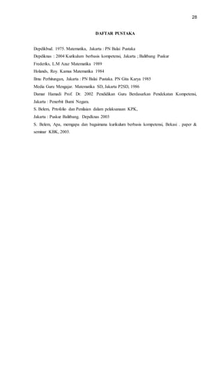 28
DAFTAR PUSTAKA
Depdikbud. 1975. Matematika, Jakarta : PN Balai Pustaka
Depdiknas : 2004 Kurikulum berbasis kompetensi, Jakarta ; Balitbang Puskur
Frederiks, L.M Azaz Matematika 1989
Holands, Roy. Kamus Matematika 1984
Ilmu Perhitungan, Jakarta : PN Balai Pustaka. PN Gita Karya 1985
Media Guru Mengajar. Matematika SD, Jakarta P2SD, 1986
Damar Hamadi Prof. Dr. 2002 Pendidikan Guru Berdasarkan Pendekatan Kompetensi,
Jakarta : Penerbit Bumi Negara.
S. Belem, Prtofolio dan Penilaian dalam pelaksanaan KPK,
Jakarta : Puskur Balitbang. Depdknas 2003
S. Belem, Apa, memgapa dan bagaimana kurikulum berbasis kompetensi, Bekasi . paper &
seminar KBK, 2003.
 